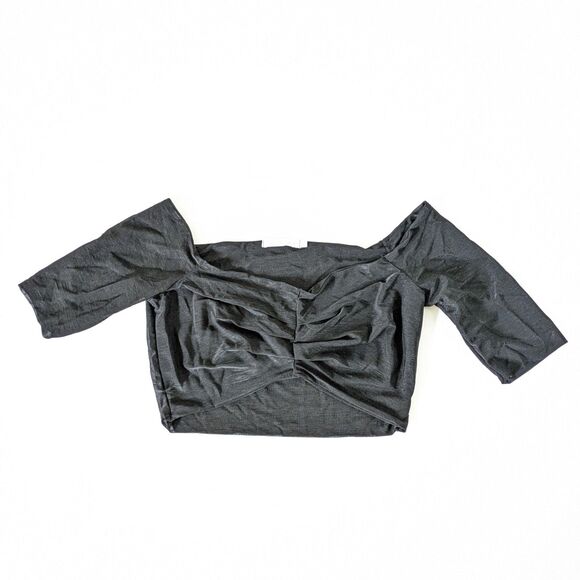 God Save Queens Layla XS Mesh Top Off Shoulder Cropped Ruched Sheer Black - Picture 2 of 10